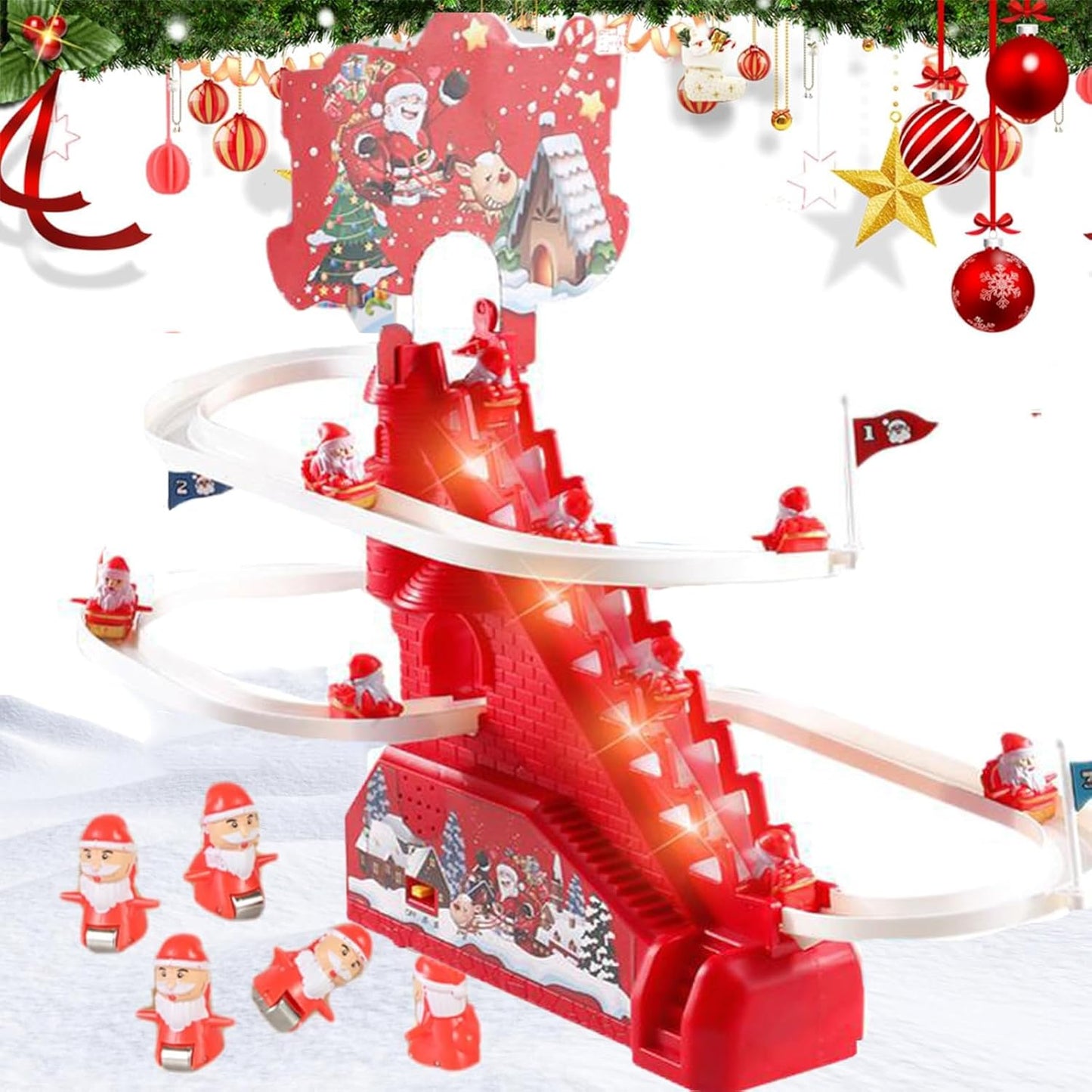 Santa Claus climbing stairs & Doll