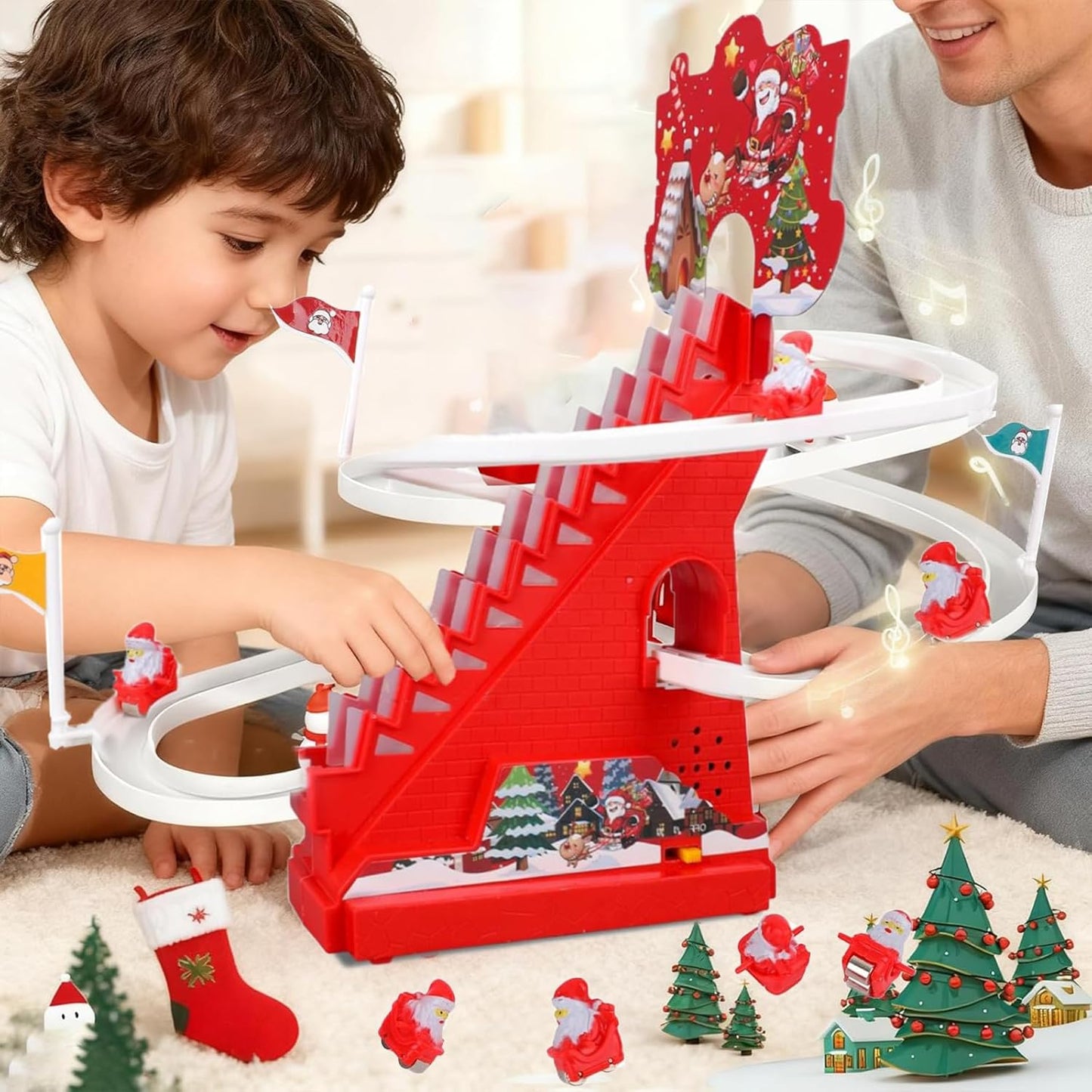 Santa Claus climbing stairs & Doll