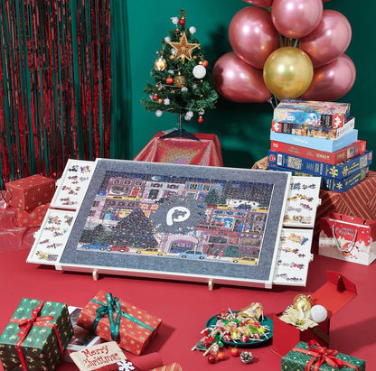 Rotating Puzzle Board with Drawers and Cover,Tilt&Lazy Susan
